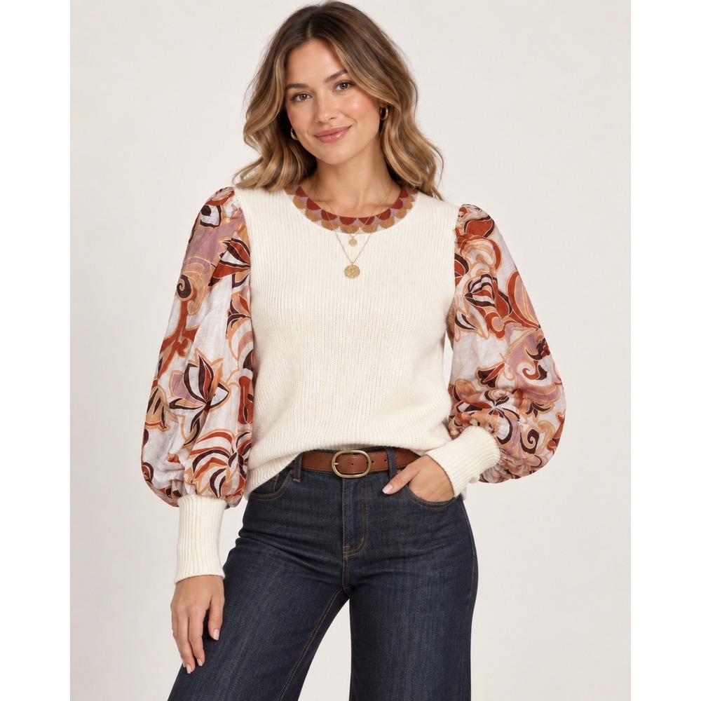 Fate Retro Cream Knit Sweater Floral Puff 70s Balloon Sleeve Medium